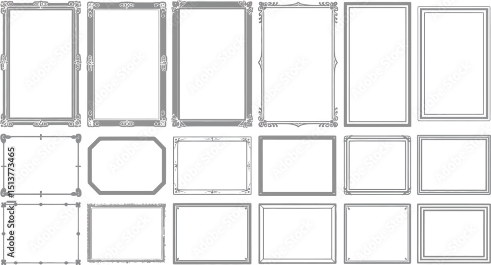 Poster a collection of decorative frames in various shapes and styles arranged in a grid pattern on a white