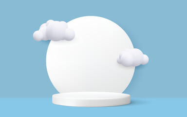 Obraz premium Podium and cloud discount on sale, holiday sale, poster discount banner offer. 3d mesh and gradient vector illustration blue background