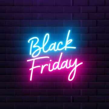 Neon black friday sale sign on brick wall background