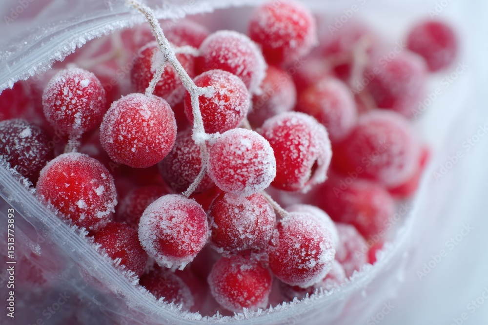 Poster frost-covered berries in a ziplock bag create a vibrant winter wonderland effect in kitchen setting