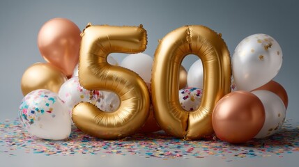 Golden balloons shaped like the number fifty stand prominently among white and orange balloons, with confetti scattered on the surface, creating a festive atmosphere for a special celebration