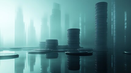 Stacks of Coins on Digital Financial Chart, Stacks of coins on a digital financial chart background with blue lighting