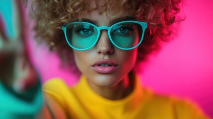 A fashionable woman with curly hair wearing oversized turquoise glasses poses confidently against a pink and blue gradient background, reflecting modern style and self-expression.