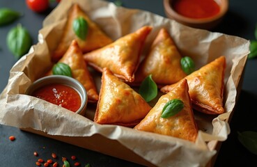 Crispy golden samosas in a box with fresh basil leaves and tomato sauce. Savory triangle snacks, delicious appetizer, ethnic cuisine. Perfect for a quick bite or as part of a flavorful meal.