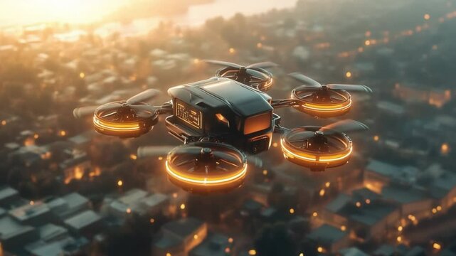 The sleek black drone glides smoothly 