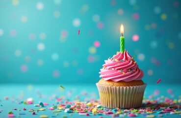Pink frosted birthday cupcake with green candle, colorful confetti against blue background. Sweet dessert treats celebration, joy concept for birthday party. Delicious bakery pastry.