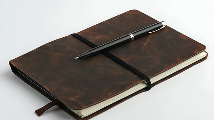 A leather bound notebook with a pen on top of it