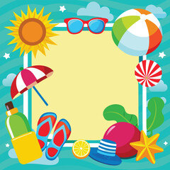 Colorful summer vacation beach frame design with sun sunglasses and beach ball decorations