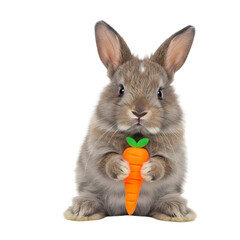 A Grey Rabbit Holding a Miniature Carrot isolated on transparent background