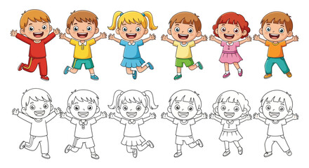 Fototapeta premium Happy Kids Cartoon and Coloring Page Set – Children Jumping Vector Illustration for Education and Activity Sheets