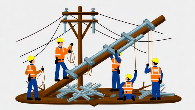 Power Line Repair Crew Working on Damaged Utility Pole