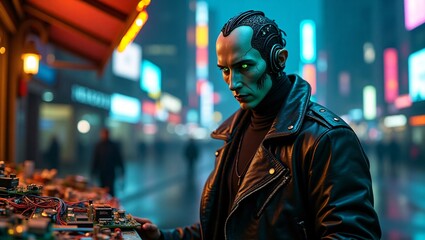 Obraz premium Cyberpunk cityscape man futuristic technology augmented