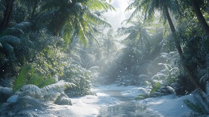 Surreal juxtaposition of tropical forest covered in winter snow and ice