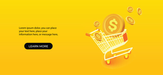 Landing page templates. Shopping cart and dollar coins 3d mesh and gradient vector illustration yellow background