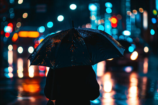 Rainy Night Umbrella: Person walking through a city street at night, using an umbrella for cover from the rain and reflected lights.
