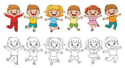 Fototapeta premium Happy Kids Cartoon and Coloring Page Set – Children Jumping Vector Illustration for Education and Activity Sheets