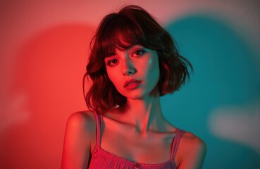 Charming woman with bob haircut looks at camera. Isolated red neon light color background. Beauty, fashion, body care. Young, attractive female portrait.