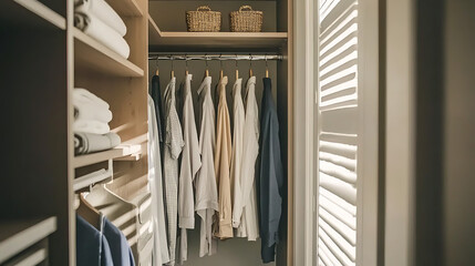 A closet with clothes hanging on hangers