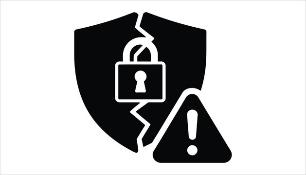 Cybersecurity Breach Vector. Broken Shield with Lock and Warning Icon.