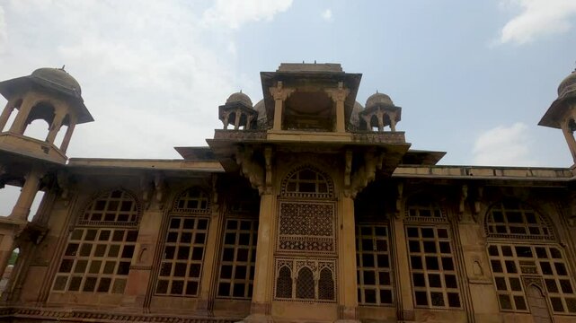 Wide angle shot of The Tomb of Tansen and Mohammad Ghaus is of typical Mughal architectural style in Gwalior, a Sufi saint in Gwalior, Madhya Pradesh, India
