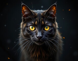 feline in darkness with striking yellow eyes