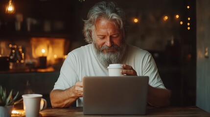 An elderly man with a beard smiles softly as he sips coffee while working on his laptop, capturing a moment of comfort and concentration in a cozy atmosphere.