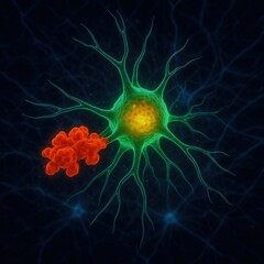 Microglial Cell Emitting Inflammatory Cytokines, Brain Stress Response Concept