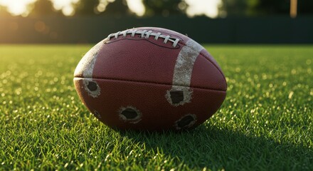 Obraz premium Worn American Football on Grass Field - A well-worn American football rests on a lush green grass field, symbolizing perseverance, resilience, dedication, competition, and victory