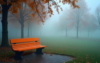 Obraz premium Lone Orange Bench in a Foggy Park. High quality