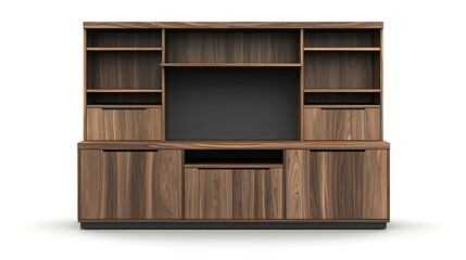 A wooden entertainment center with a black television on top
