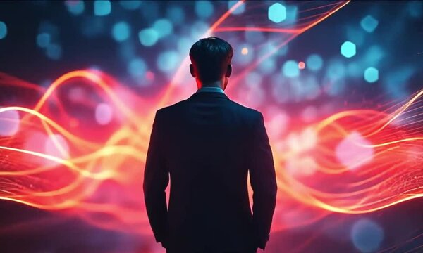 Businessman walking in swirling red wave data