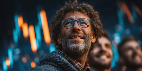 Business Leader Summons Rising Stock Indicators with Hand Gesture on Interactive Surface While Team Applauds Growth