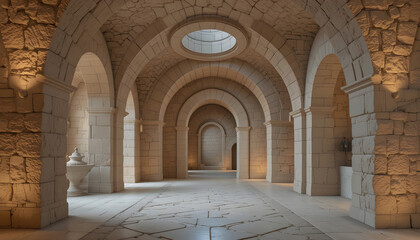 Grand arched stone hallway bathed in soft light