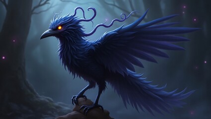 Obraz premium Majestic blue raven fantasy creature dark forest