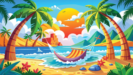 Tropical island beach with palm trees, sun, and ocean waves