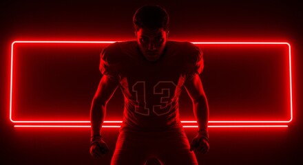 American Football Player in Red Neon Light - Silhouette of a determined football player, number 13, illuminated by a vibrant red neon light, creating a dramatic and powerful