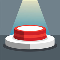Isolated red button on white platform illuminated by stage spotlight in a simple design