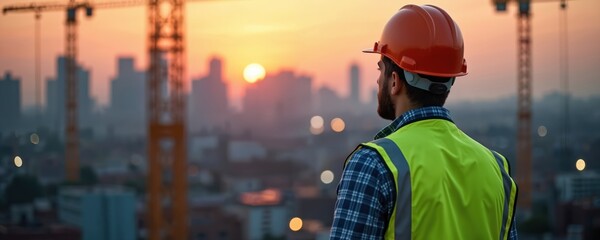 Construction supervisor inspects urban construction site at dusk. Blurred city lights, industrial cranes in background. Safety attire. Housing, employment, engineering, labor, organisation, manpower,