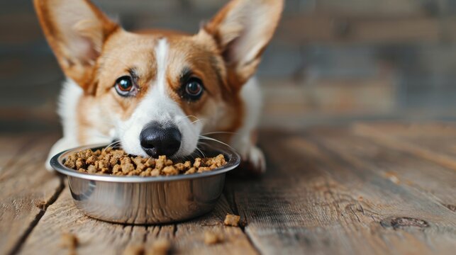 A beautiful corgi lays beside his food bowl, showcasing an adorable and playful demeanor, with soulful eyes reflecting eagerness and loyalty in a rustic setting.