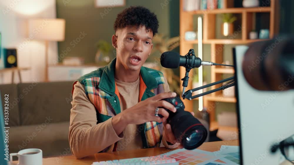 Poster streamer, microphone and camera with man in studio for content creator, advice or broadcast. subscri
