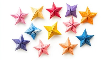 Colorful origami stars arranged on a white background