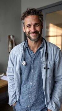 Portrait of a confident male doctor standing in his medical office, wearing a stethoscope and blue shirt, warm expression in natural light. Generative AI
