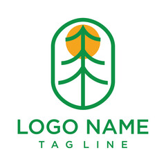 pine tree and sunset logo, natural forest, graphic design template.