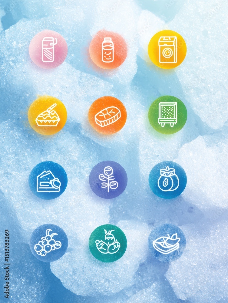 Poster display of frozen food brand icons arranged over an icy gradient in a clean center layout for visual