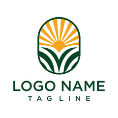 Abstract sun rising over stylized green fields within an oval frame. A modern and clean logo design suitable for agriculture, nature, or eco-friendly brands.
