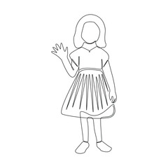Little girl waving her hand line art drawing. Girl saying hello hand-drawn illustration.	