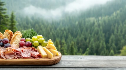 Deck feast mountains concept. Artfully arranged platter of cheese, fruits, and meats against a serene forest backdrop.
