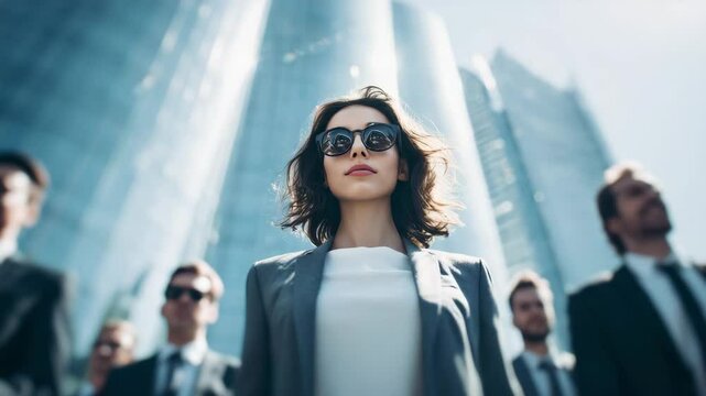 Confident Businesswoman with Sunglasses Leading Team of Professionals Against Modern Urban Skyline in Bright Daylight
