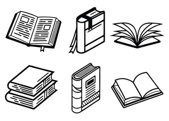 Book Icon Set – Open, Closed, Stacked & Bookmark Book Symbols (Black & White Vector)