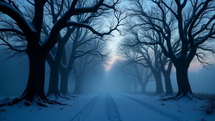Snow covered trees winter foggy road landscape